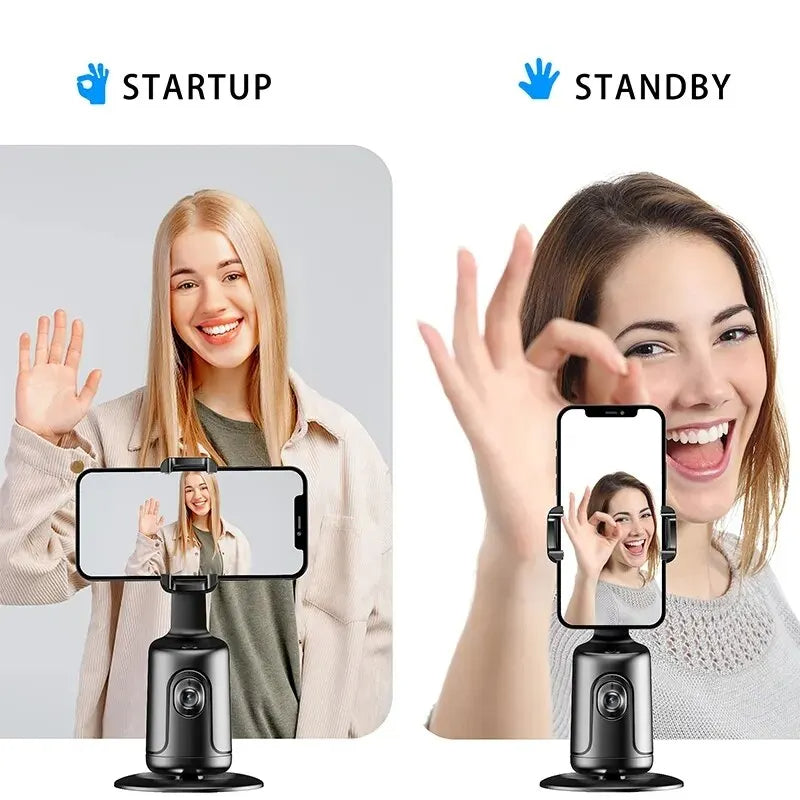 360° AI face tracking gimbal holding smartphone for hands-free video recording and live streaming