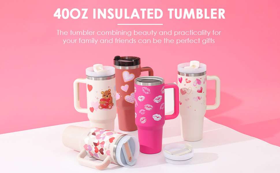 40oz insulated stainless steel tumbler with handle, straw, and spill-proof lid keeping drinks hot or cold all day
