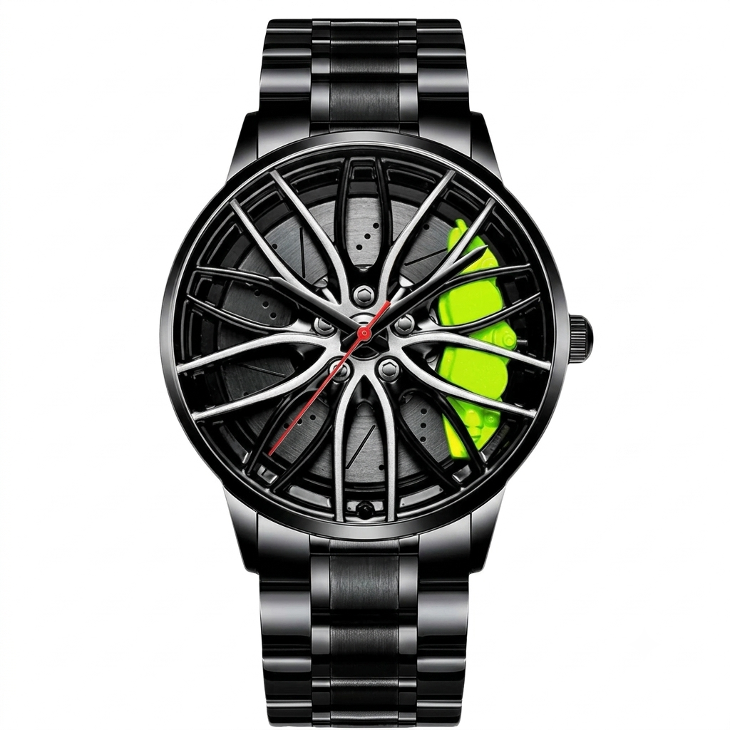 Fashion Watches for Men Wrist Watches Analogue Quartz Watch Car Wheel Hub Design Cool Waterproof with Stainless Steel Strap Green A