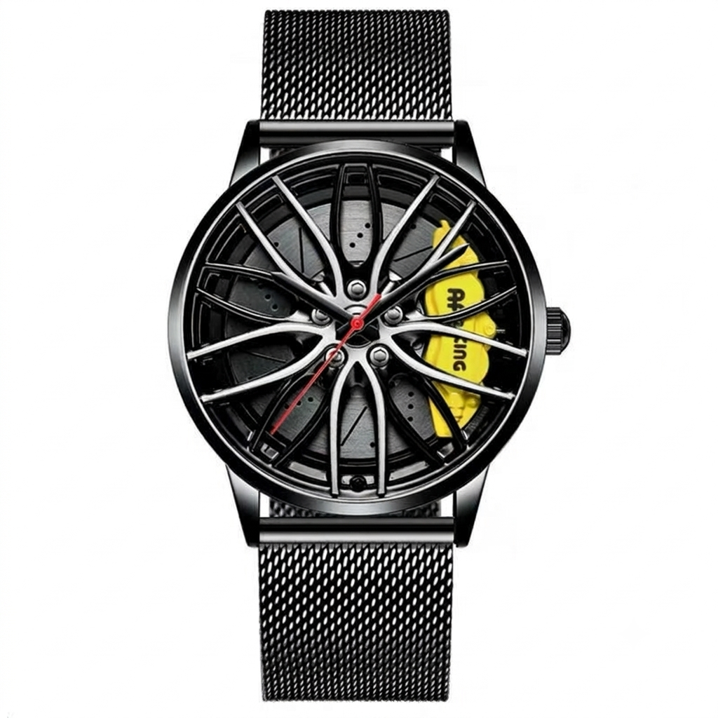 Men’s Automatic Yellow Wheel Watch – Unique Car Rim Design, Stainless Steel Strap