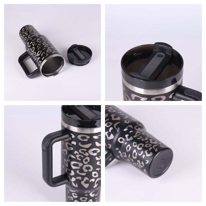 40oz insulated stainless steel tumbler with handle, straw, and spill-proof lid for hot and cold drinks