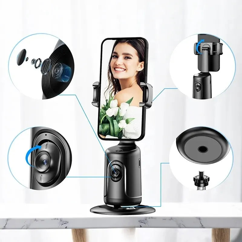 360° AI face tracking gimbal holding smartphone for hands-free video recording and content creation