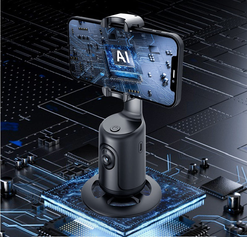 360° AI Face Tracking Gimbal stabilizer holding smartphone with automatic face and body tracking for video content creation