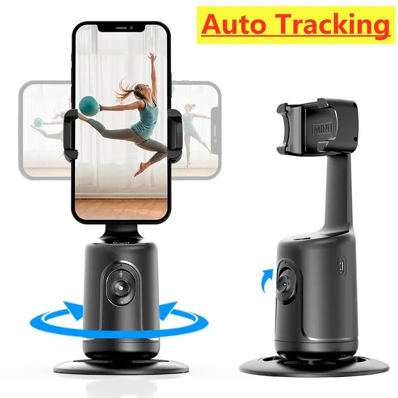 360° AI face tracking gimbal stabilizer holding smartphone for hands-free video recording and live streaming