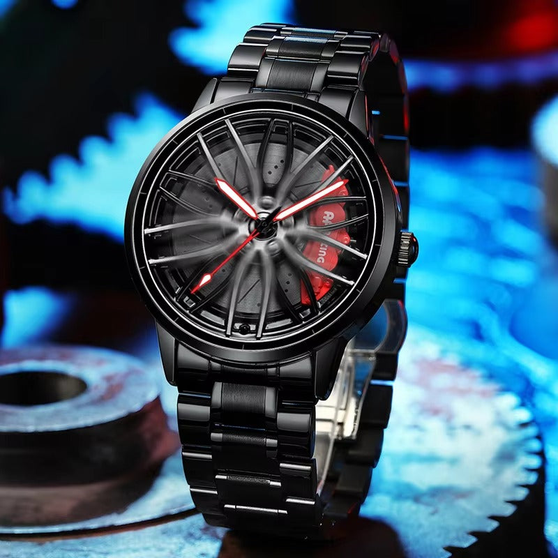 Car Wheel Watch, Stainless Steel Rim Watch With Japanese Quartz Movement, Waterproof Sports Wrist Watch, Racing Watch For Men/Car Enthusiast