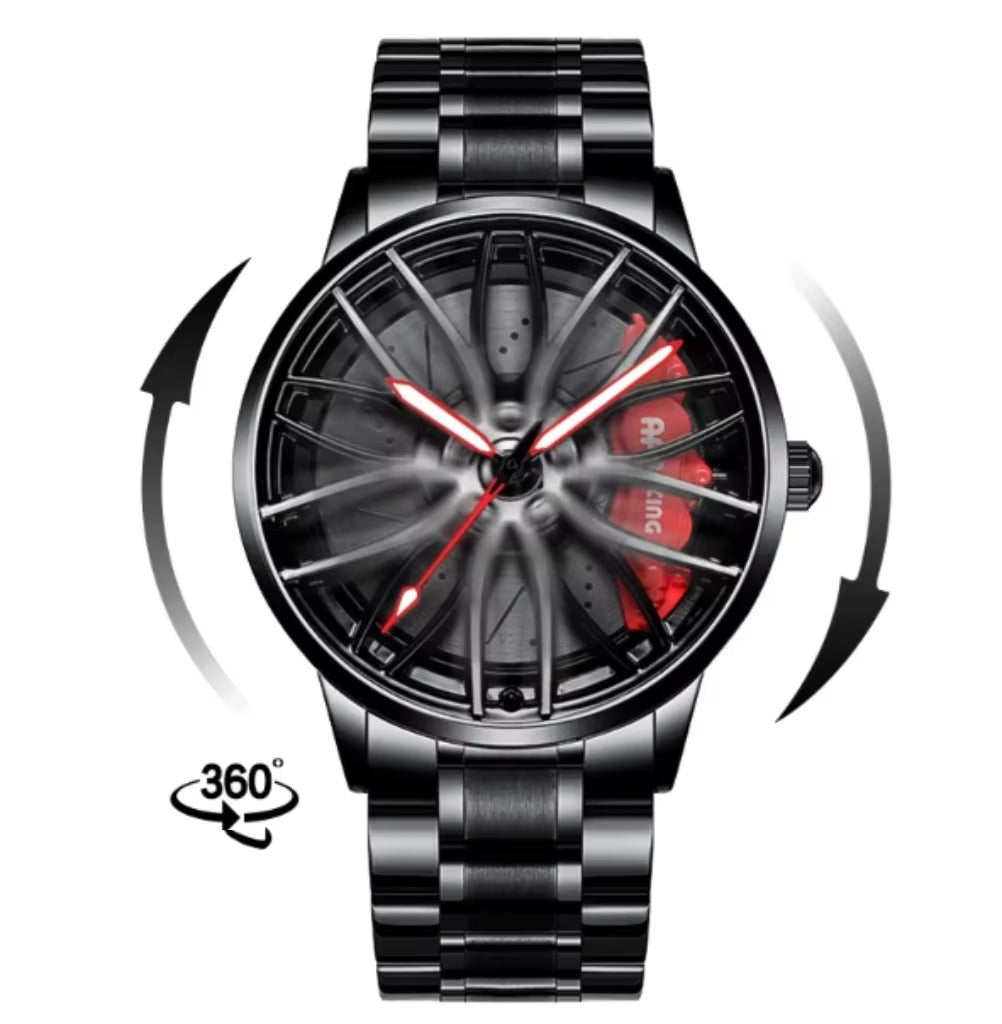 Car Wheel Watch, Stainless Steel Rim Watch With Japanese Quartz Movement, Waterproof Sports Wrist Watch, Racing Watch For Men/Car Enthusiast