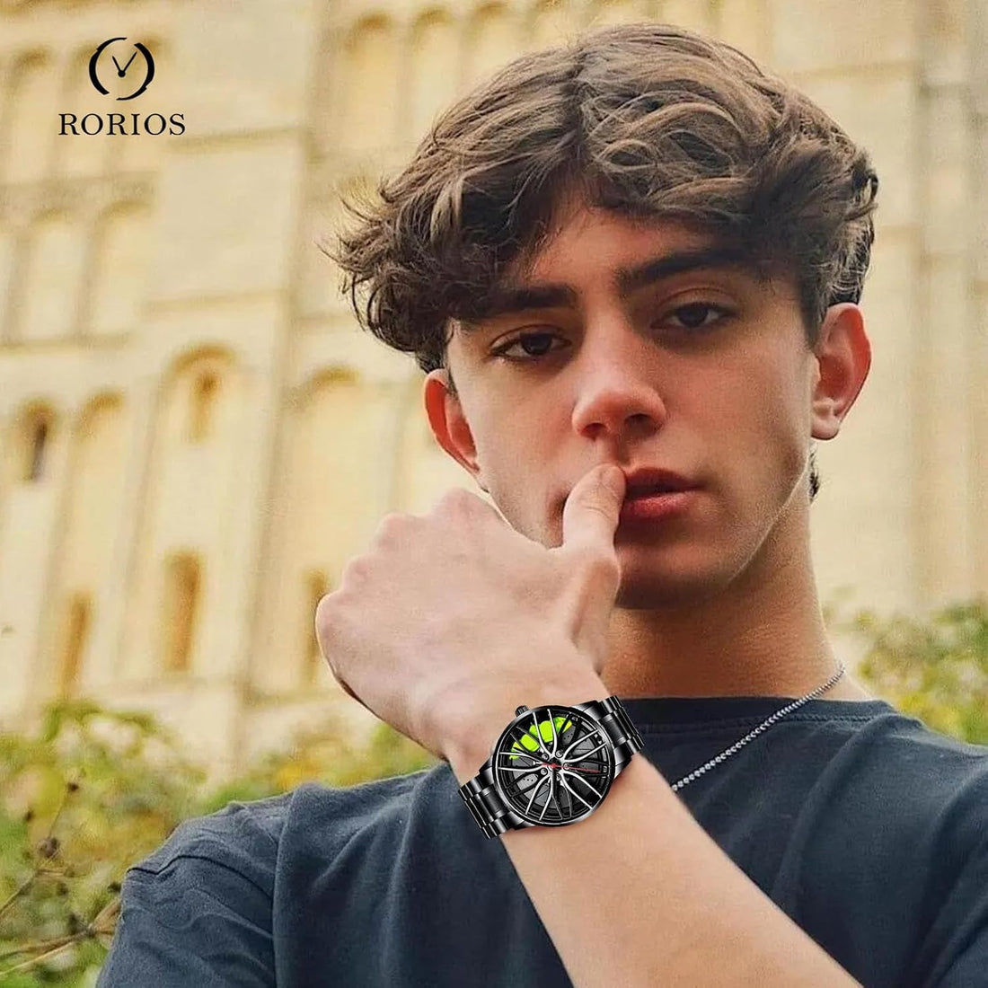 Fashion Watches for Men Wrist Watches Analogue Quartz Watch Car Wheel Hub Design Cool Waterproof with Stainless Steel Strap Green A