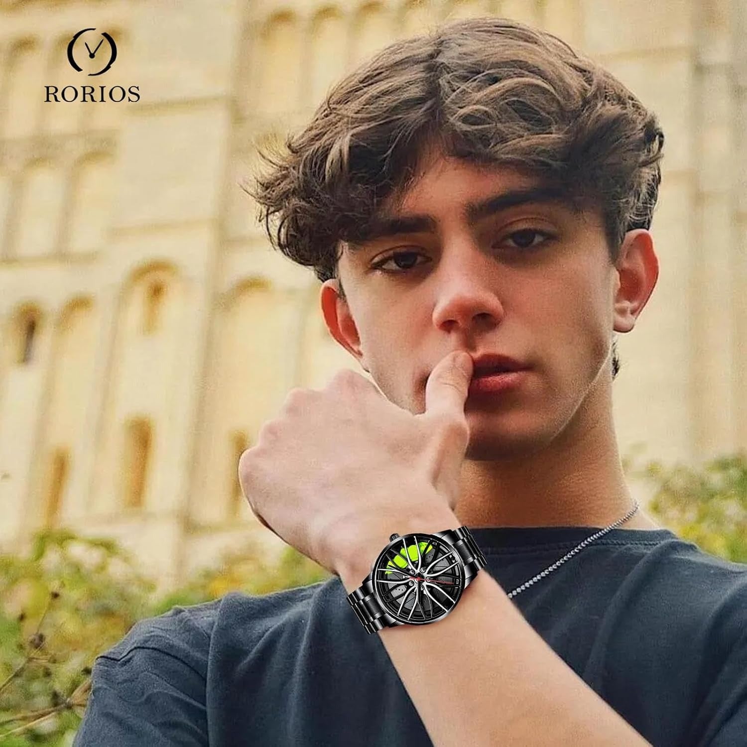 Fashion Watches for Men Wrist Watches Analogue Quartz Watch Car Wheel Hub Design Cool Waterproof with Stainless Steel Strap Green A