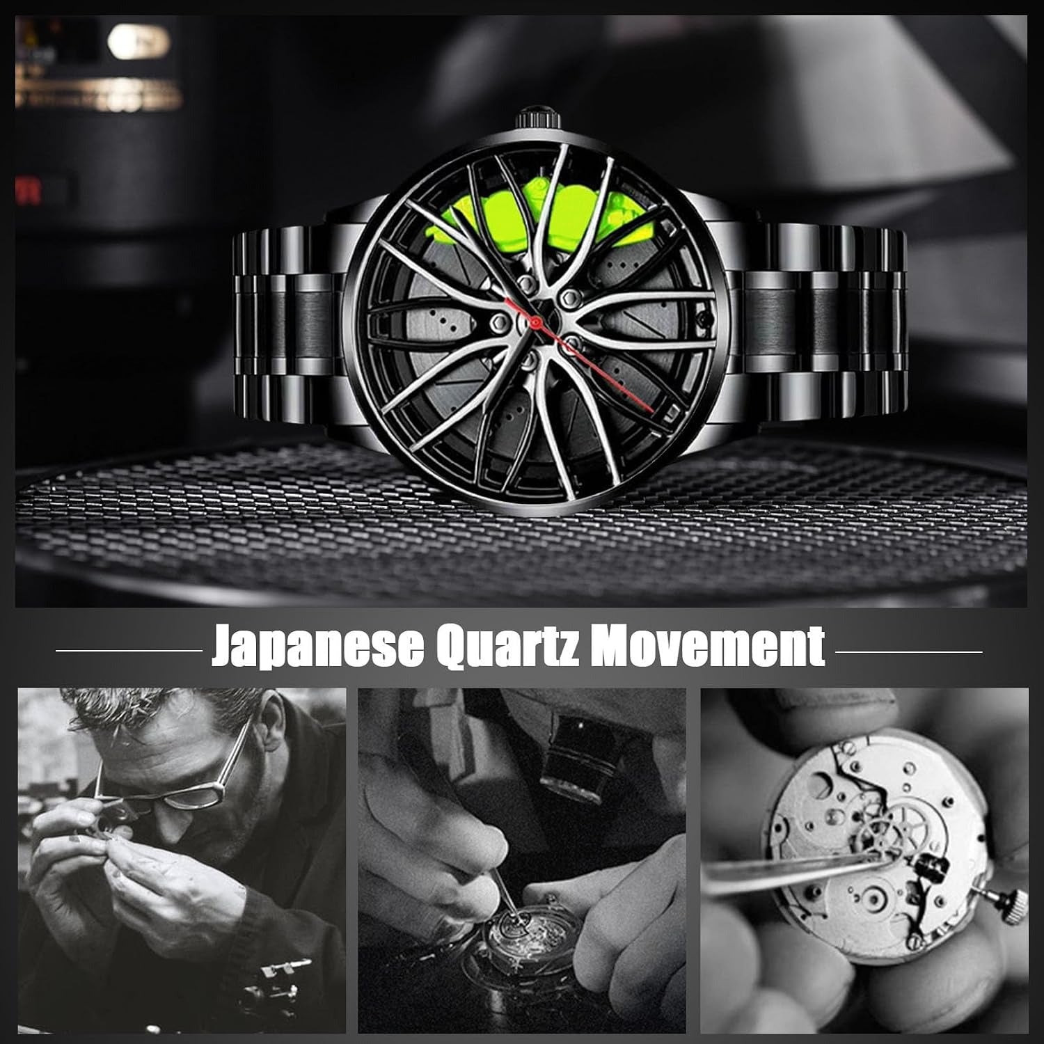 Fashion Watches for Men Wrist Watches Analogue Quartz Watch Car Wheel Hub Design Cool Waterproof with Stainless Steel Strap Green A
