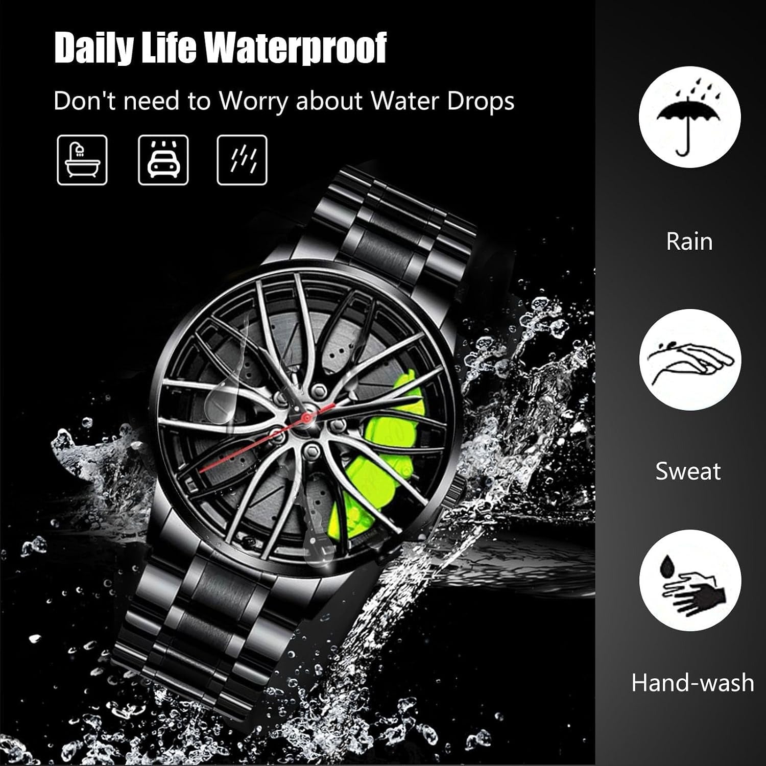 Fashion Watches for Men Wrist Watches Analogue Quartz Watch Car Wheel Hub Design Cool Waterproof with Stainless Steel Strap Green A