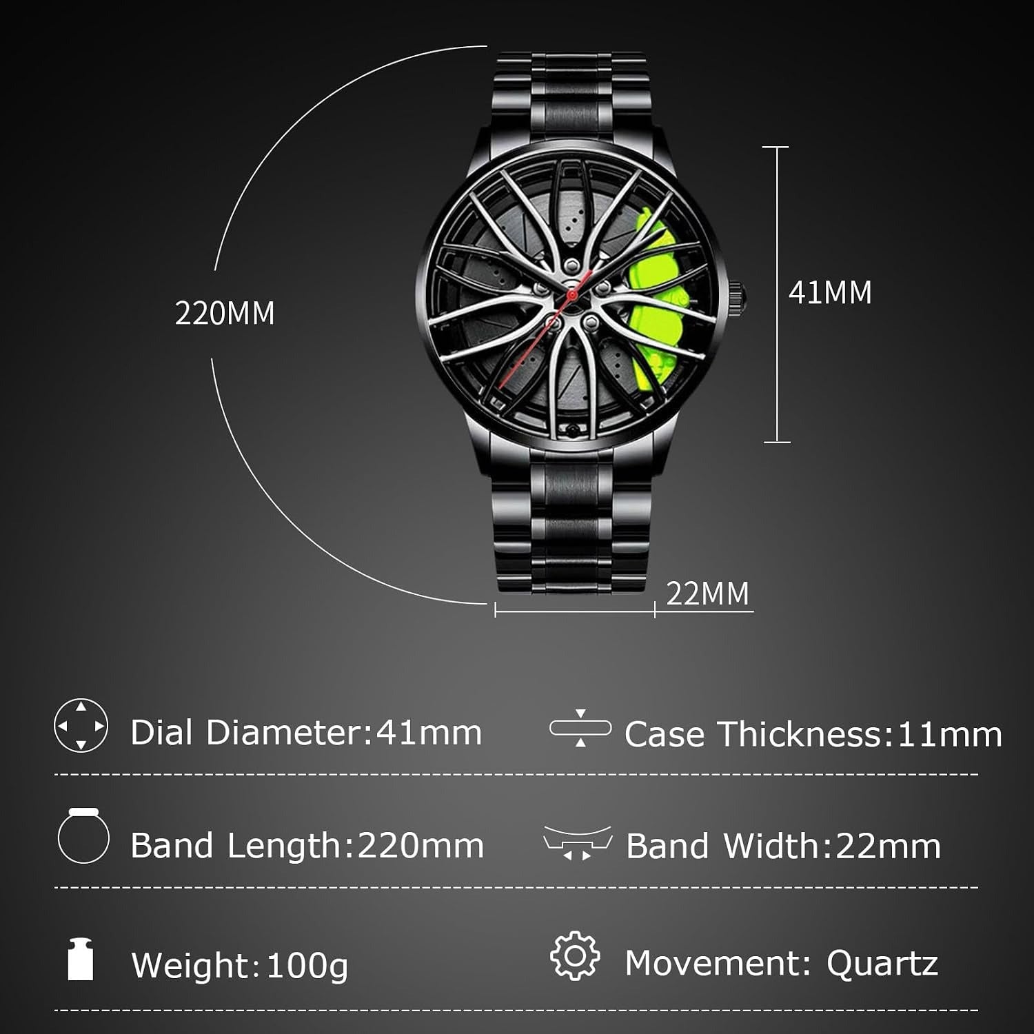 Fashion Watches for Men Wrist Watches Analogue Quartz Watch Car Wheel Hub Design Cool Waterproof with Stainless Steel Strap Green A